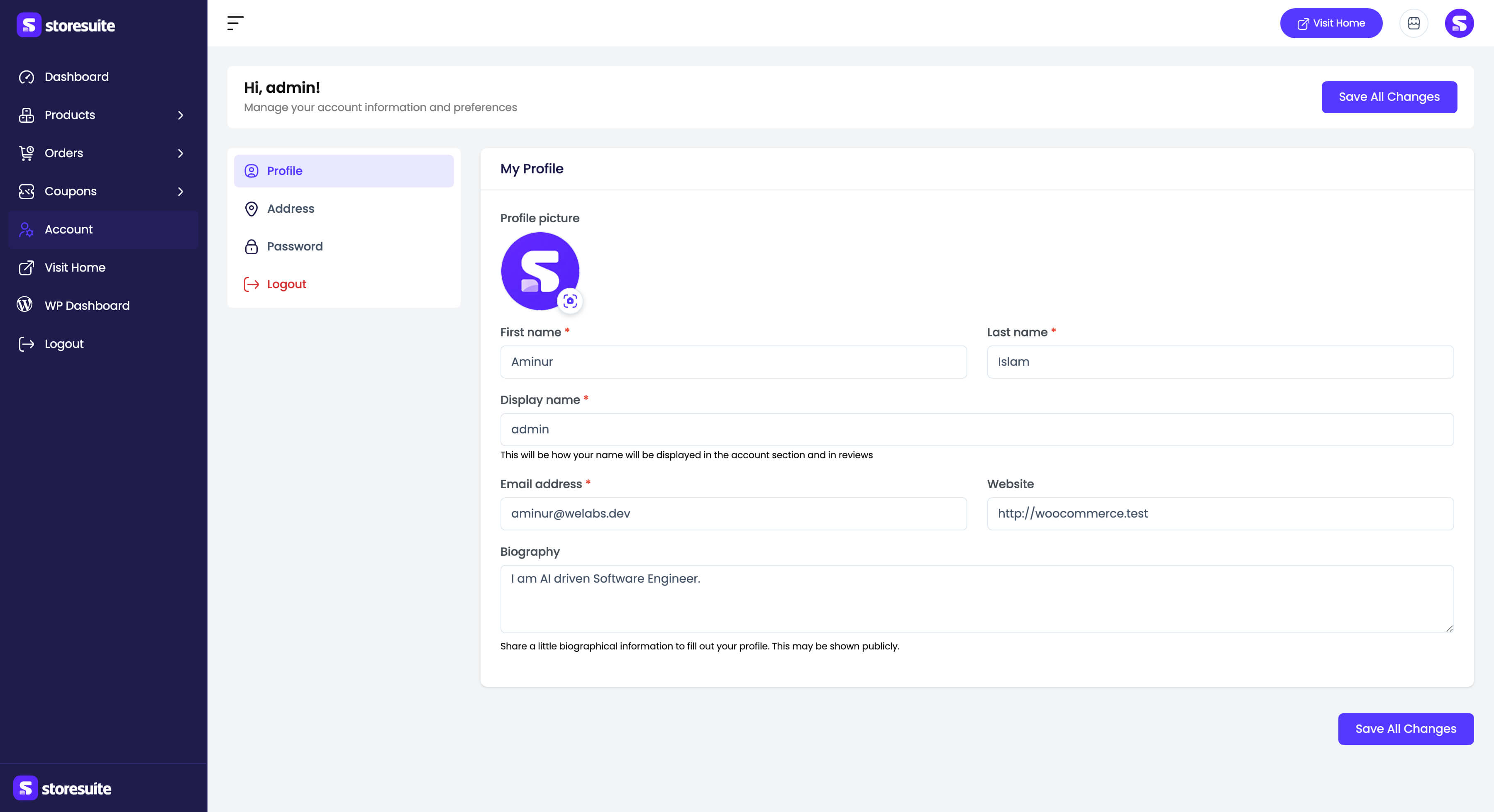 The account profile tab
