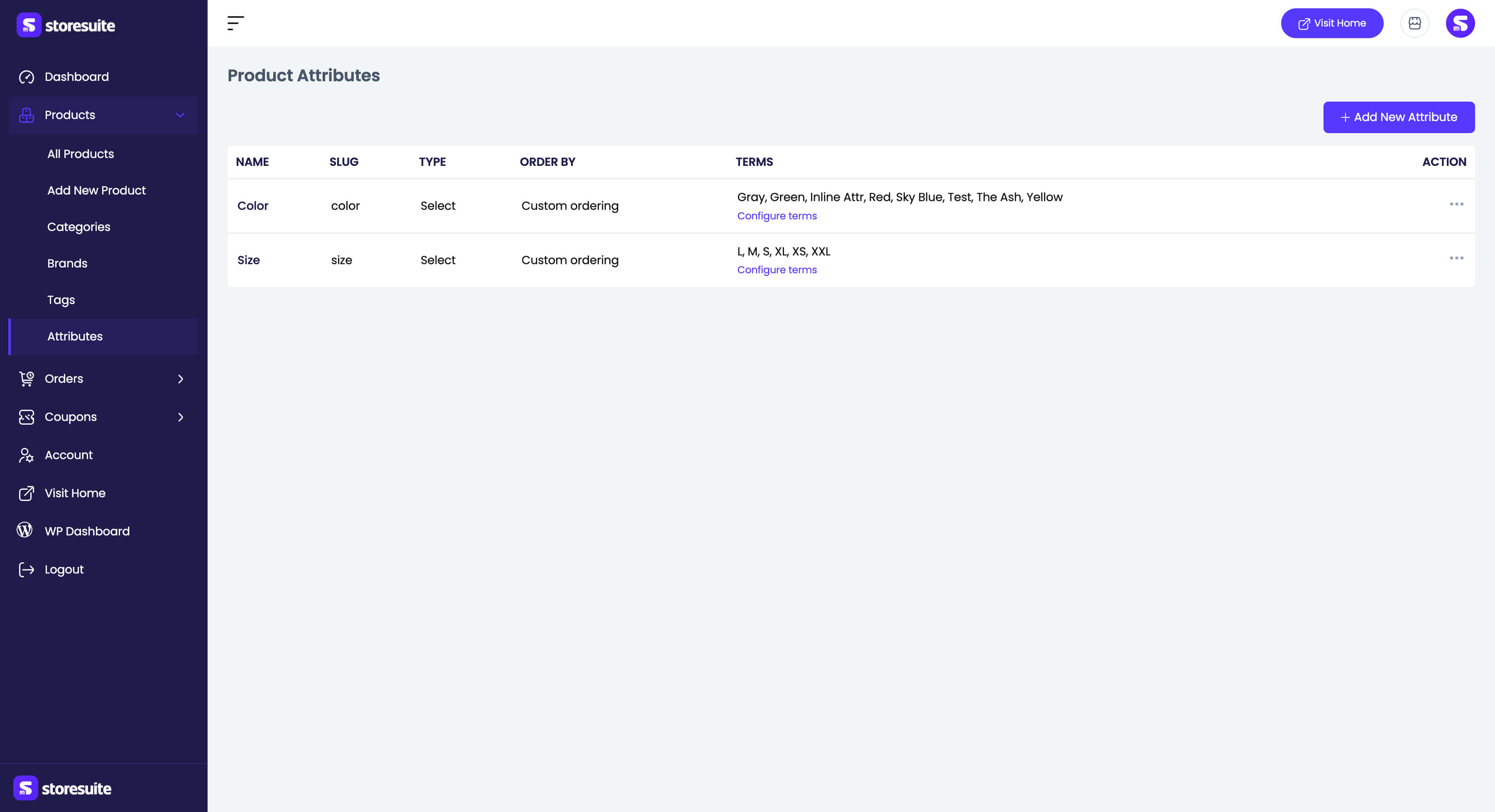 The product attributes list