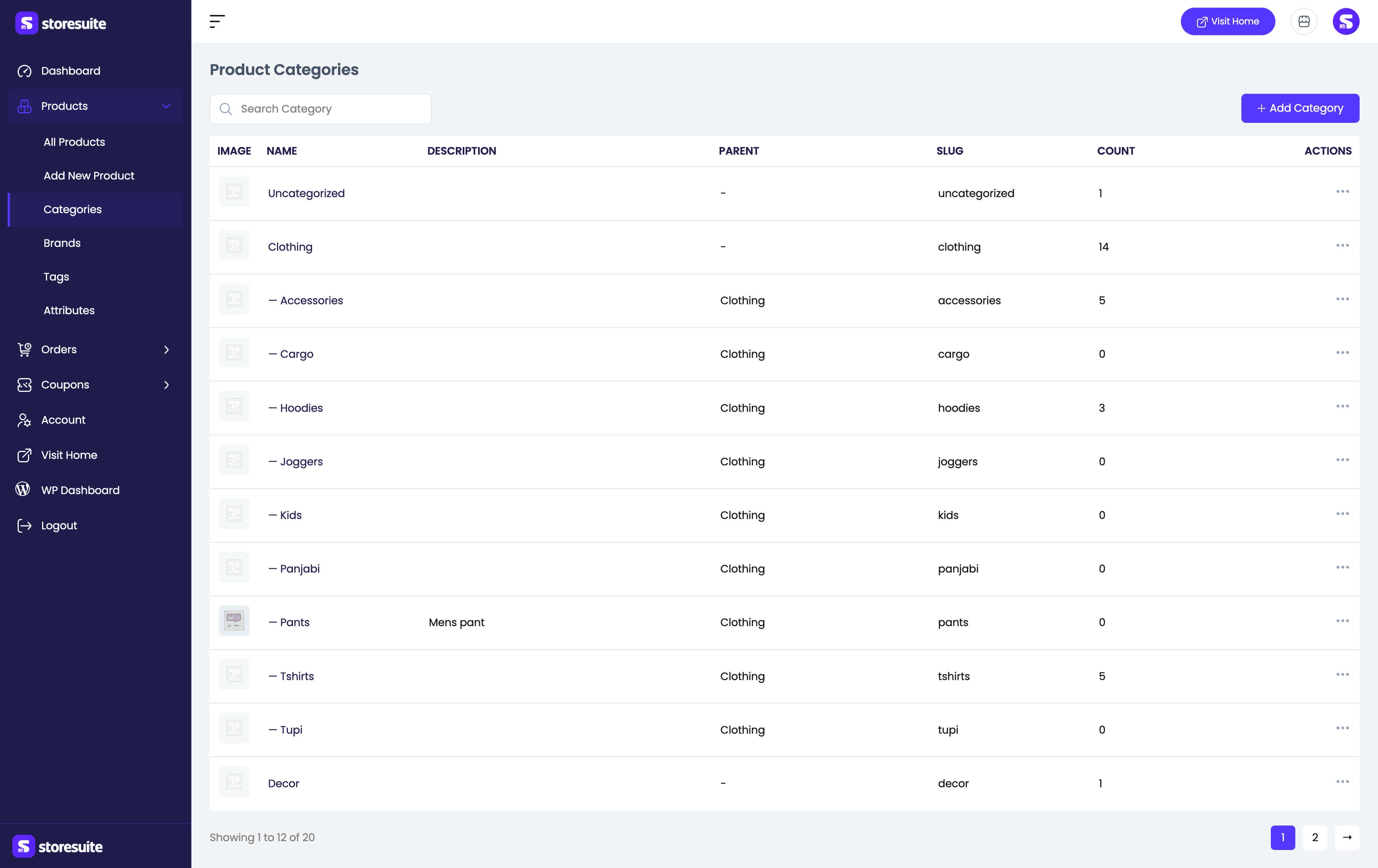 The product categories list