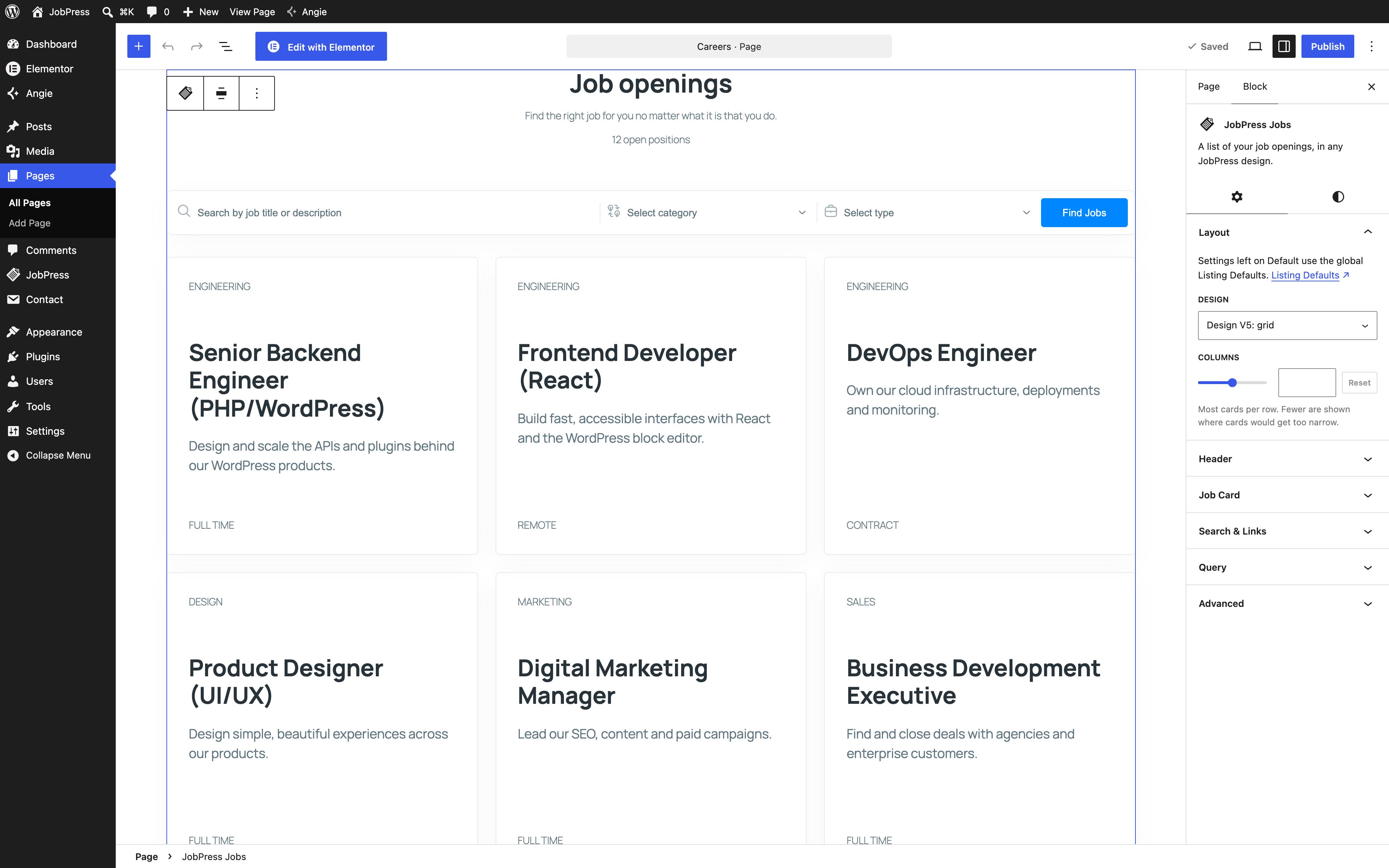 The JobPress Jobs block in the editor