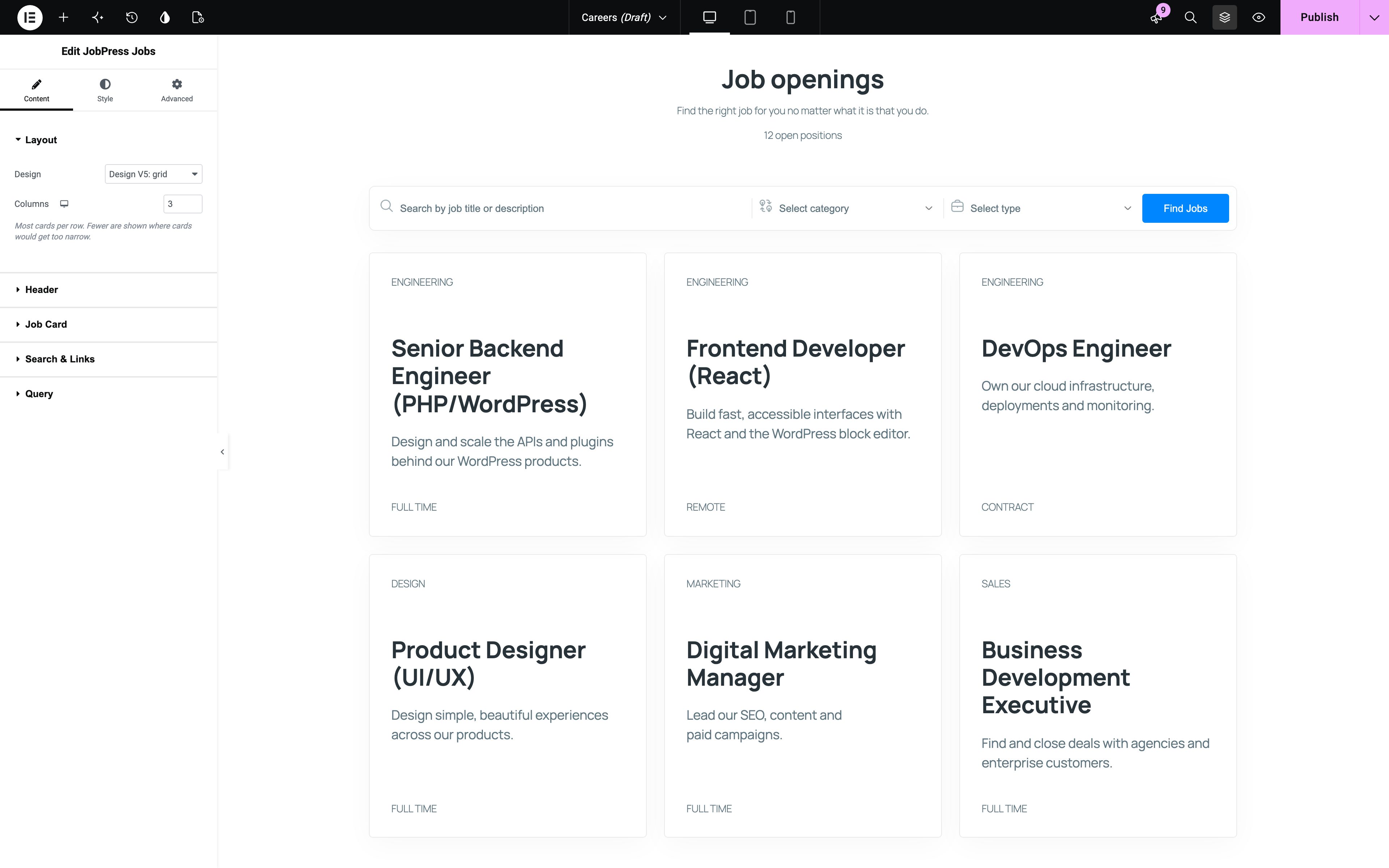 The JobPress Jobs widget in Elementor
