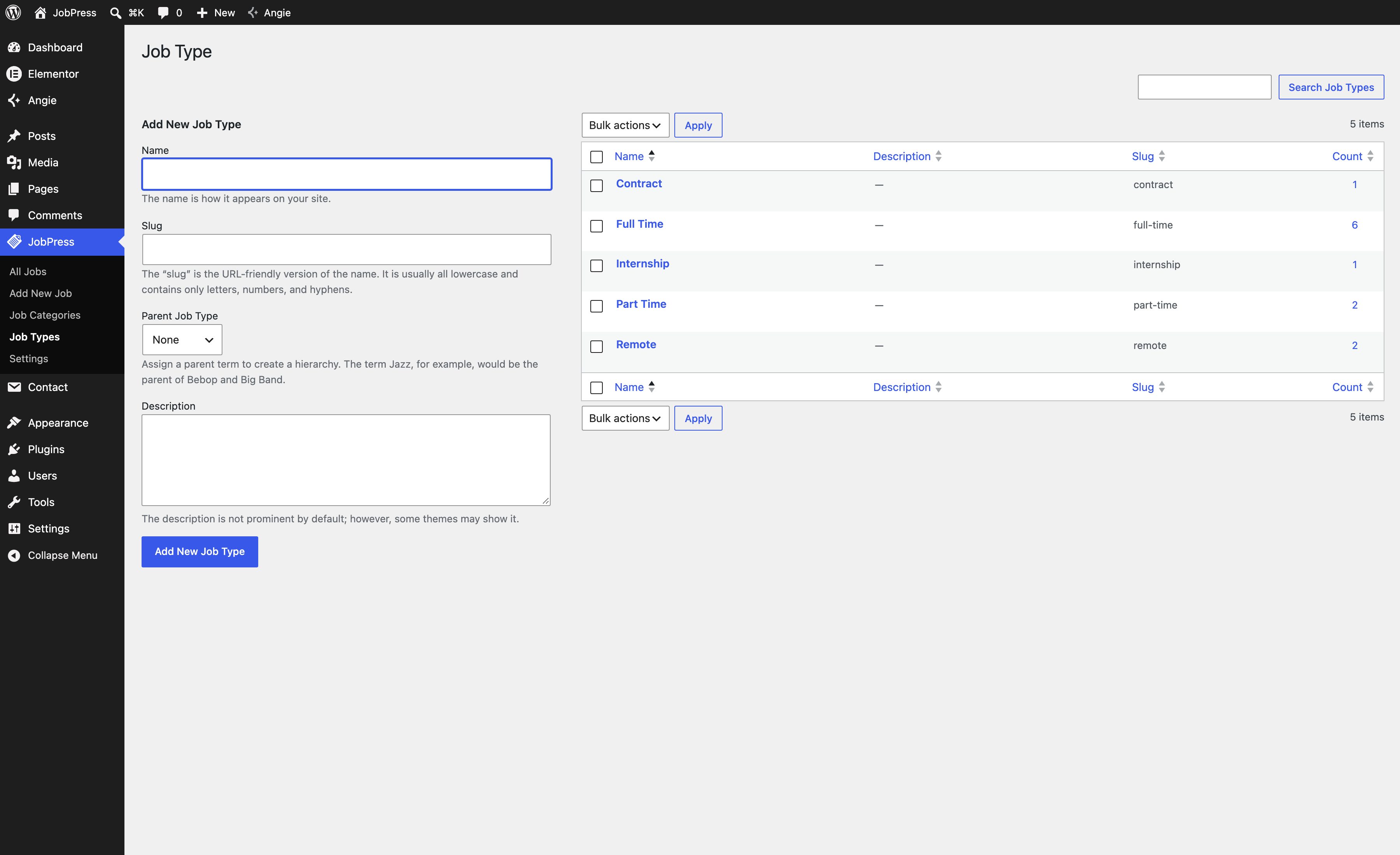 The job types screen