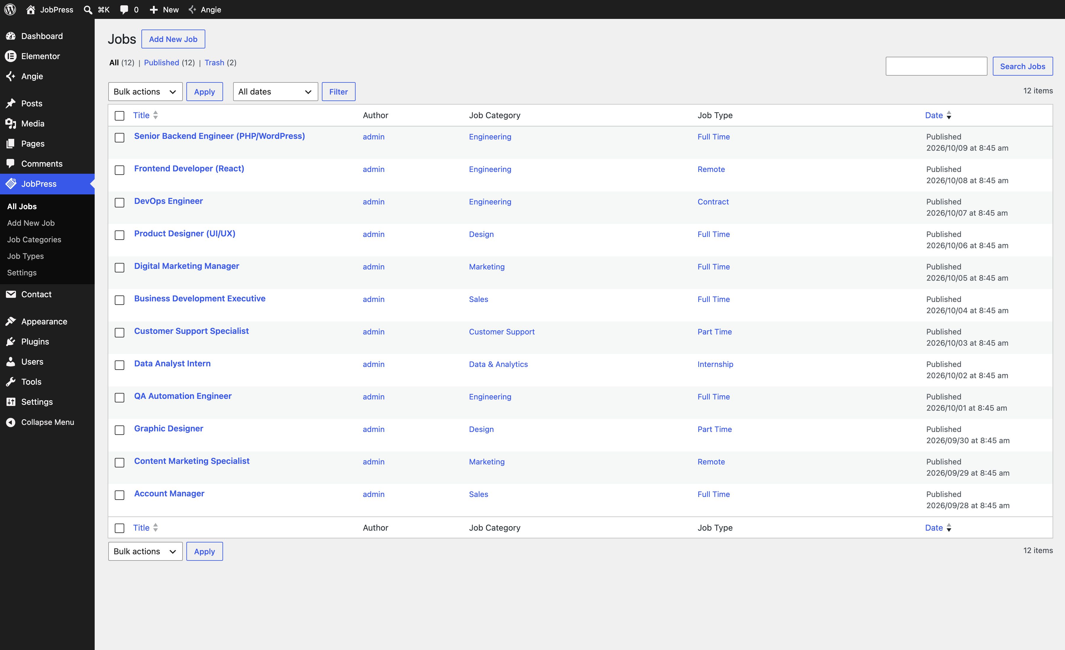 The jobs list