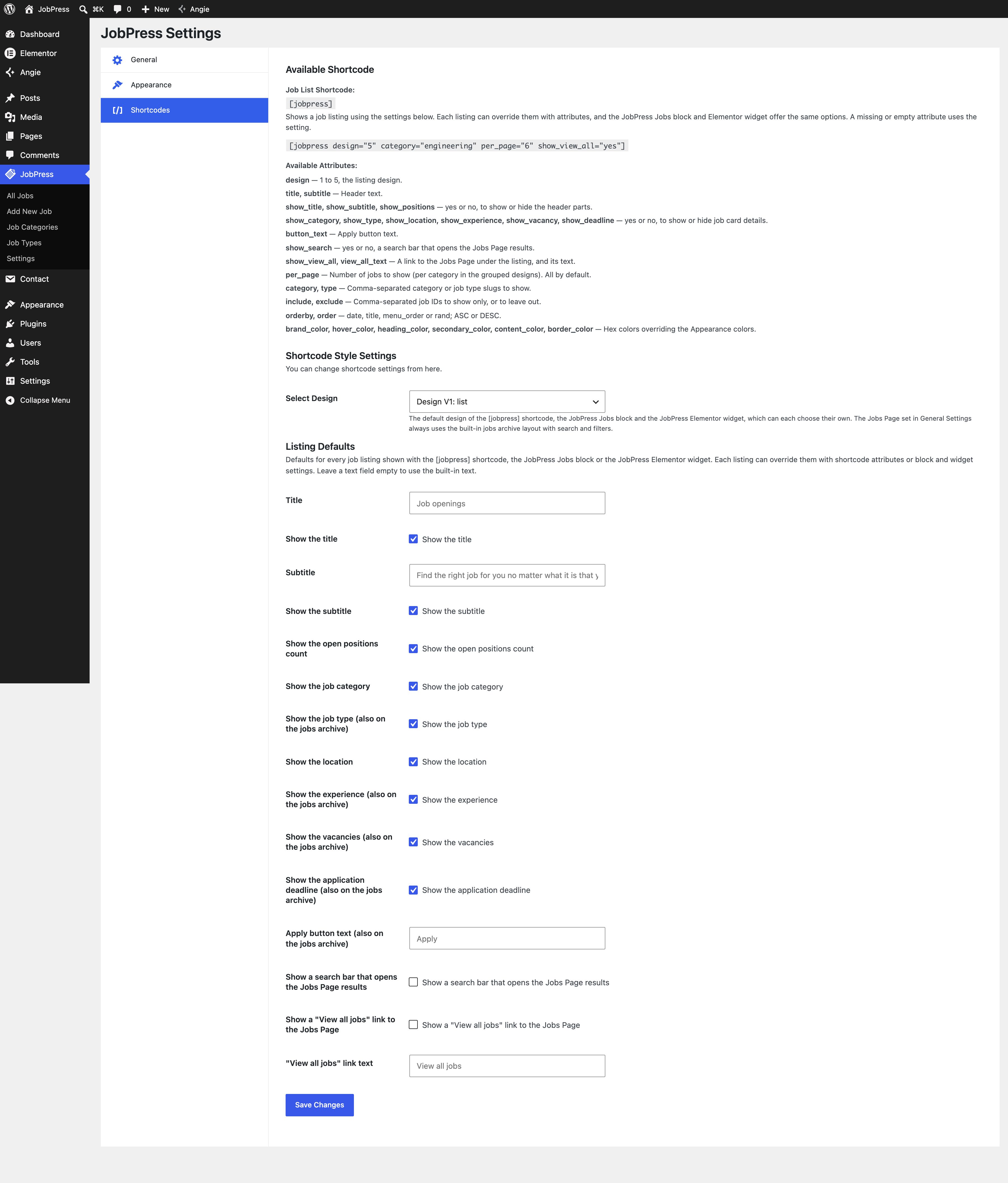 The Shortcodes settings tab